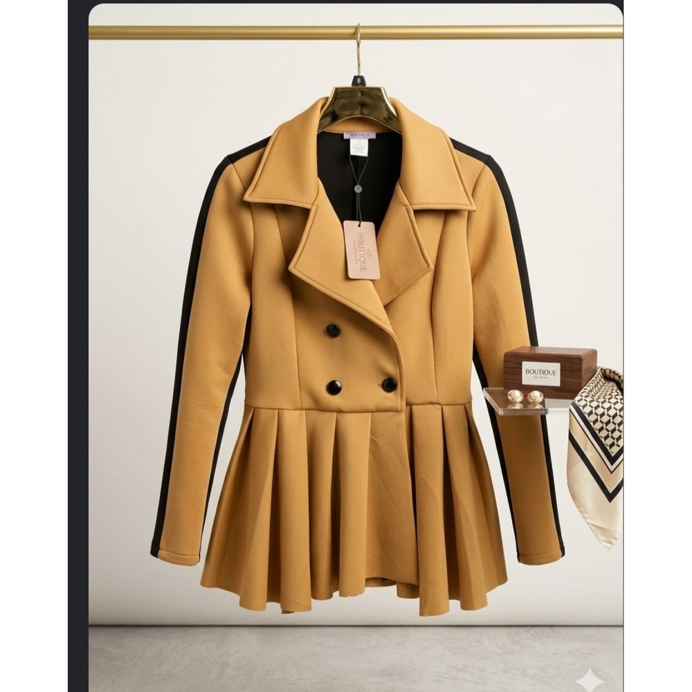 Boutique Collection Camel Tan Black Colorblock Pleated Peplum Jacket